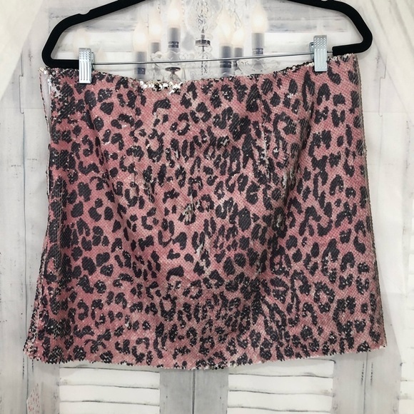 Free People Pink Skinny Flip Sequin Flip Cheetah Mini Skirt Festival Festive NWT - Picture 10 of 11